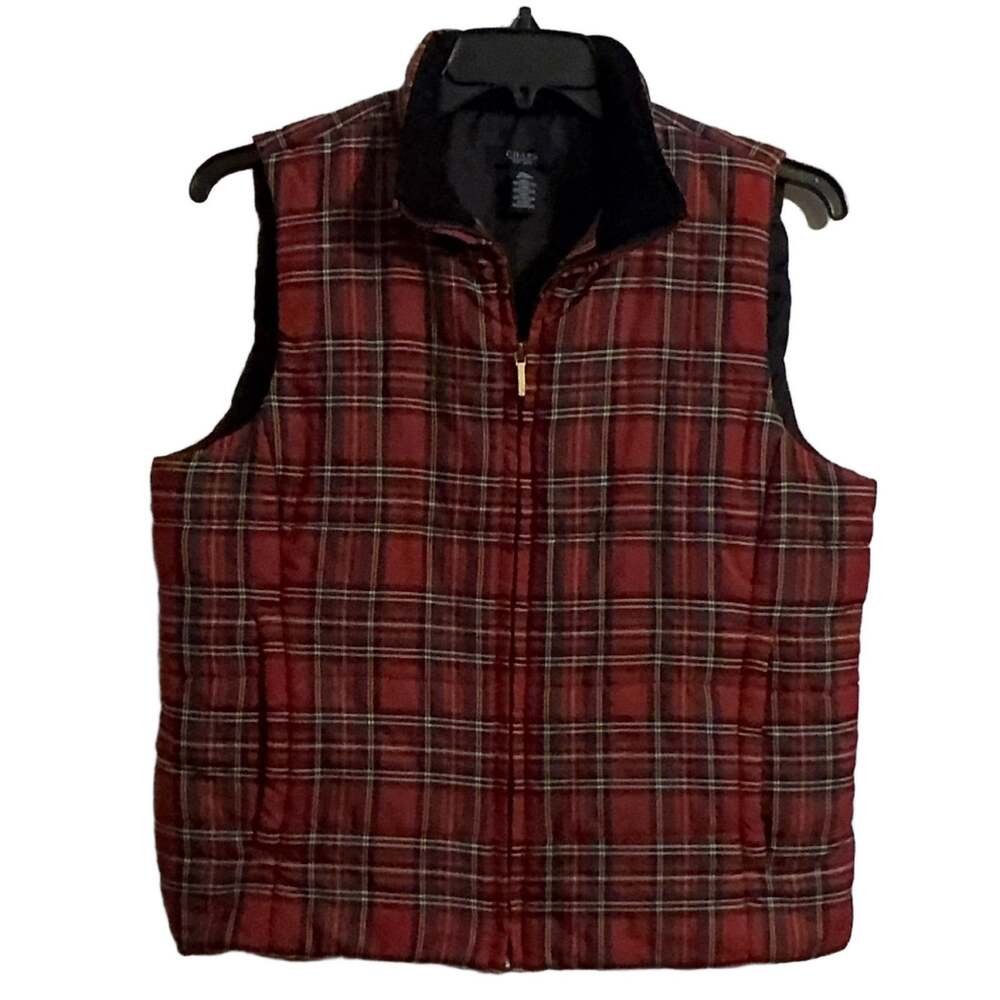 CHAPS XL Quilted Vest Full Zip Plaid Knit Fall Winter Red Tartan Preppy Heritage